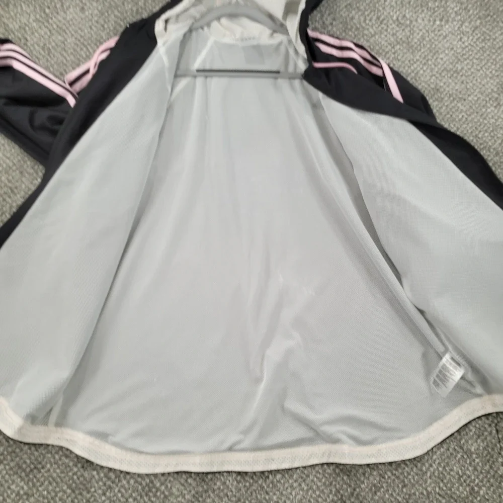 Adidas Womens 2XL Black Pink 3-Stripe Hooded Windbreaker Mesh Lined Jacket